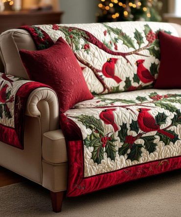 Crimson Cardinals Quilted Sofa Cover