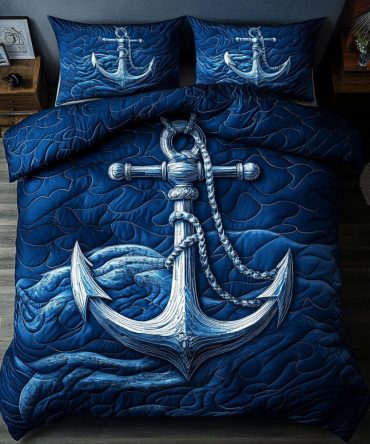 Deep Blue Anchor 3-Piece Quilted Bedding Set