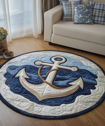 Deep Blue Anchor Quilted Round Mat