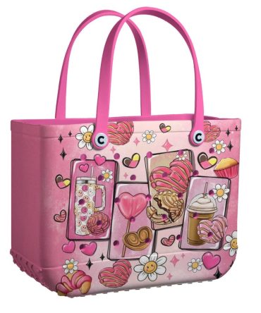 Chic Pink Tote Bag With Cute Dessert & Flower Print - Stylish & Spacious