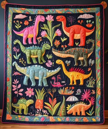Dino Dreamland Art Quilt Hanging