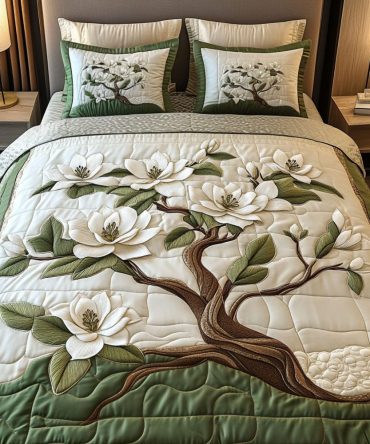 Elegant White Magnolia 3-Piece Quilted Bedding Set