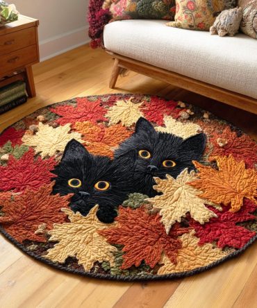 Fallen Leaves Cat Quilted Round Mat