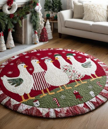 Festive Chicken Crew Quilted Round Mat