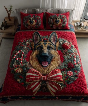 Festive German Shepherd 3-Piece Quilted Bedding Set