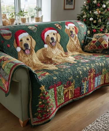 Festive Golden Retriever Quilted Sofa Cover