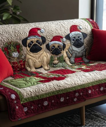 Festive Pug Trio Quilted Sofa Cover