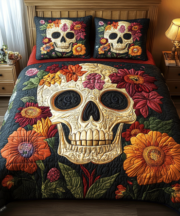 Floral Skull Charm 3-Piece Quilted Bedding Set