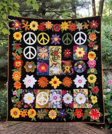Floral Peace Sign Quilted Blanket