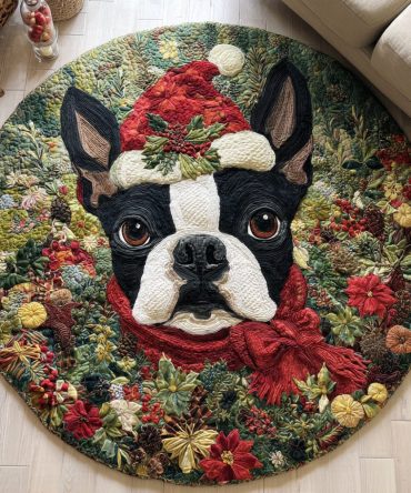 Floral Boston Terrier Quilted Round Mat