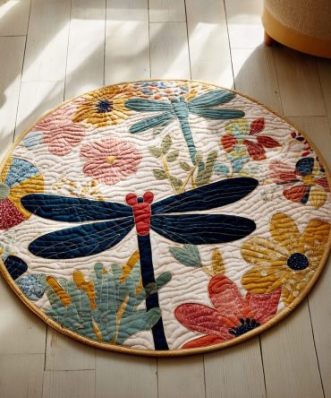 Floral Dragonfly Quilted Round Mat