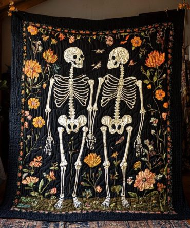 Floral Skeleton Halloween Quilted Blanket
