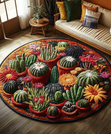 Flourishing Cactus Haven Quilted Round Mat