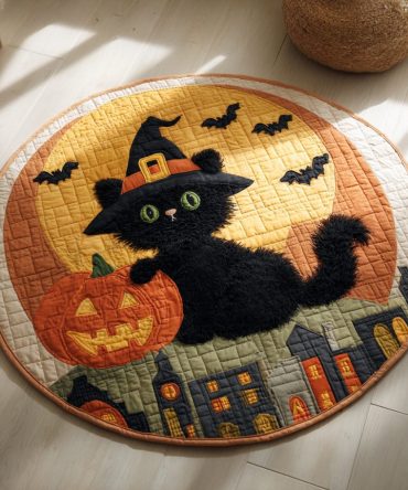 Fluffy Black Cat Halloween Quilted Round Mat