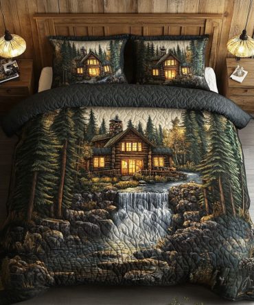 Forest Cabin Waterfall 3-Piece Quilted Bedding Set