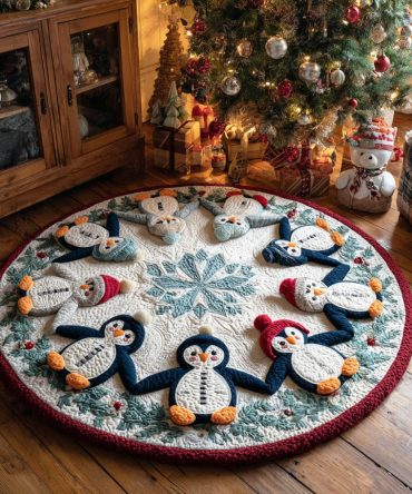 Frosty Penguin Friends Quilted Round Mat
