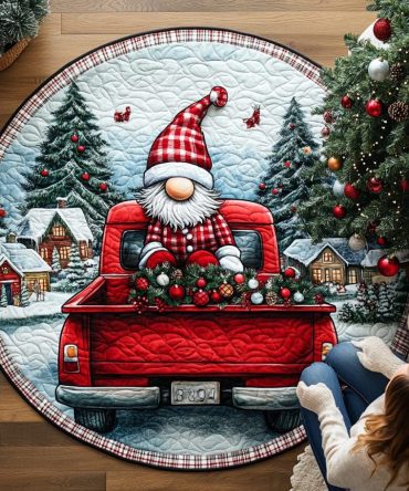 Gnome Red Truck Quilted Round Mat