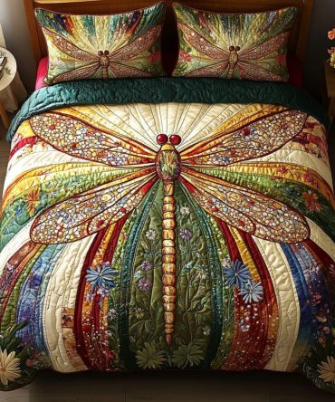 Golden Dragonfly 3-Piece Quilted Bedding Set