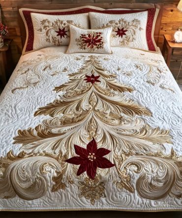 Golden Poinsettia 3-Piece Quilted Bedding Set