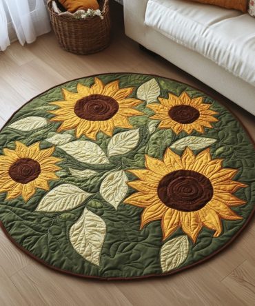 Green Sunflower Leaves Quilted Round Mat