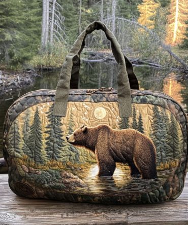 Grizzly Crossing Quilted Duffle Bag — Quilted Weekend Travel & Gym Bag with Bear Wildlife Print, Cabin-Style Carry-On