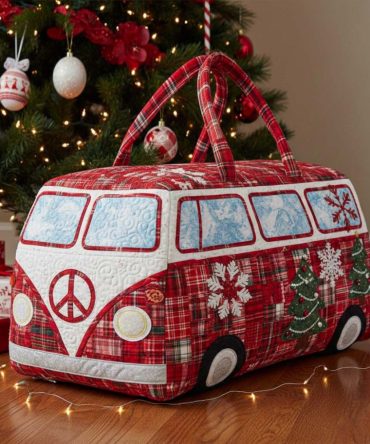 Hippie Christmas Ride Quilted Duffle Bag – Retro VW Bus Holiday Weekender | Boho Travel Gym Overnight Bag