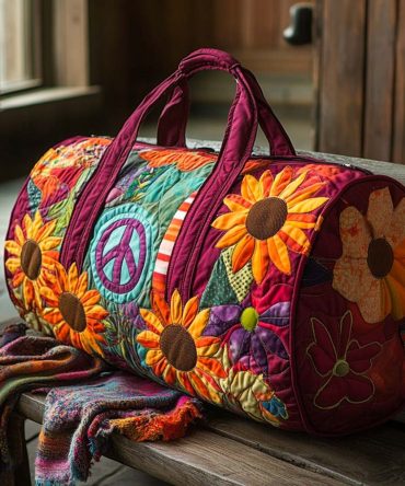 Hippie Glow Quilted Duffle Bag — Quilted Boho Travel & Gym Duffle with Psychedelic Tie-Dye Peace Floral Design, Weekend Carry-On