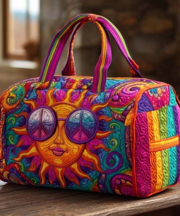 Hippie Happy Sun Quilted Duffle Bag - Retro Boho Smiley Sun Travel & Gym Duffel, Overnight Carry-On
