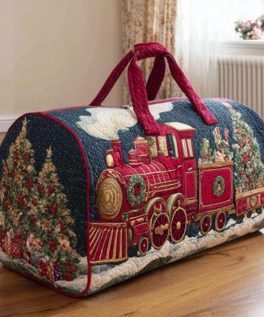 Holiday Train Quilted Duffle Bag - Festive Travel & Gym Bag with Vintage Train Design