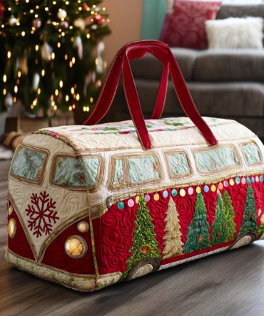 Holiday Van Quilted Duffle Bag — Retro Camper Christmas Weekender Travel Bag, Quilted Overnight Duffle for Gifts