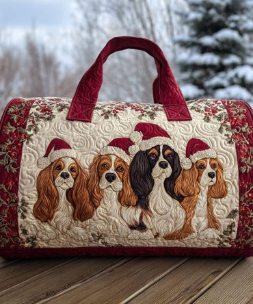 Holly Spaniel Quilted Duffle Bag — Festive Dog Print Weekender Travel Bag with Quilted Texture, Holiday Gift for Spaniel Lovers