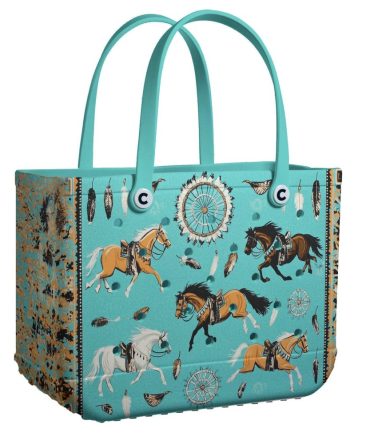 Stylish Turquoise Tote Bag With Horse & Feather Print - Perfect For Everyday Use