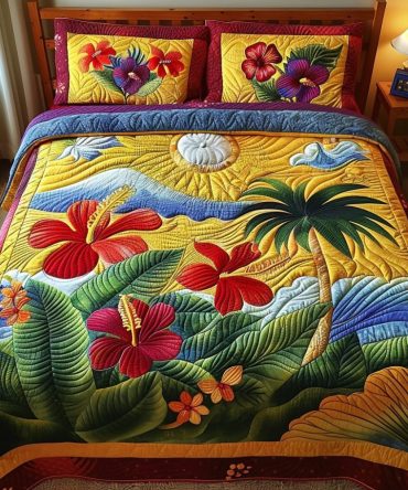 Island Sunset Hibiscus 3-Piece Quilted Bedding Set