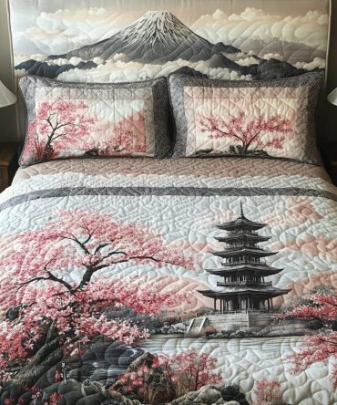 Japan Cherry Blossom Pagoda 3-Piece Quilted Bedding Set