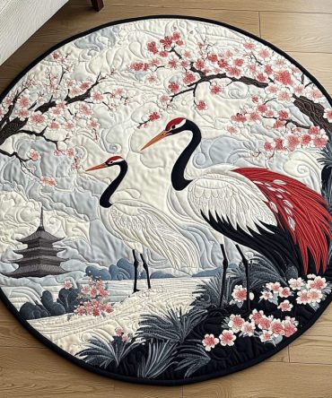 Japanese Crane Blossom Quilted Round Mat