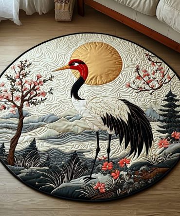 Japanese Crane Golden Sun Quilted Round Mat