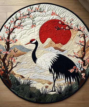 Japanese Crane Sunrise Quilted Round Mat