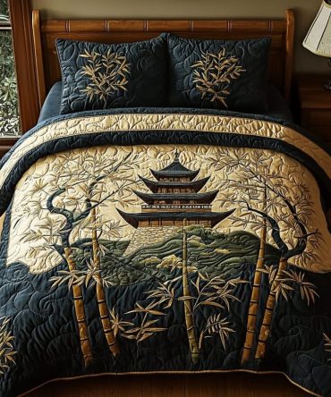 Japanese Pagoda Golden Path 3-Piece Quilted Bedding Set