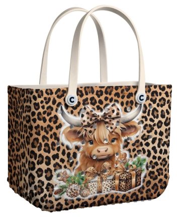 Chic Leopard Print Tote Bag With Cute Highland Cow Design – Perfect For Shopping & Gifting!