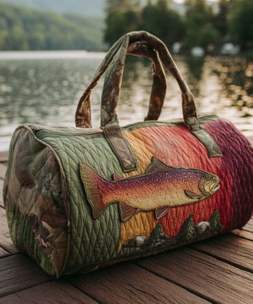 Lucky Cast Quilted Duffle Bag — Fishing-Inspired Quilted Travel & Gym Bag, Angler Overnight Carry-On, Retro Nautical Graphic