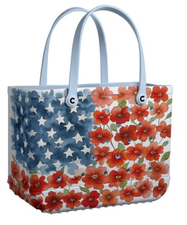 Patriotic Floral Tote Bag – American Flag Design With Stars & Flowers – Perfect For Summer Outings