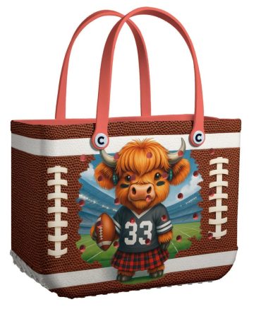 Adorable Football-Themed Tote Bag With Cute Highland Cow Design – Perfect For Sports Fans!