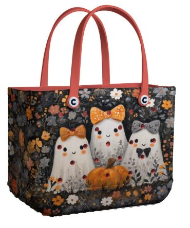 Chic Halloween Ghost Tote Bag - Floral Spooky Design With Pumpkins - Perfect For Fall Outings