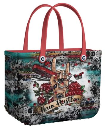 Stylish Hair Hustler Tote Bag – Unique Tattoo Design, Comfy Red Handles, Perfect Gift For Hairstylists
