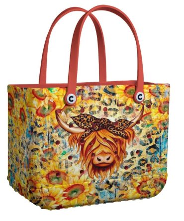 Colorful Highland Cow Tote Bag – Vibrant Sunflower & Leopard Print Design – Perfect Statement Accessory