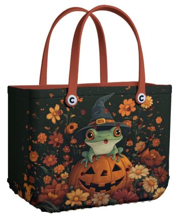 Enchanting Frog Witch Halloween Tote Bag - Cute Pumpkin & Flower Design, Perfect For Spooky Season Shopping