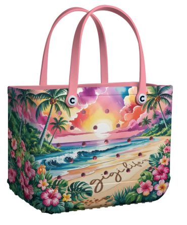 Tropical Beach Sunset Tote Bag - Vibrant Floral Design, Perfect For Summer & Travel