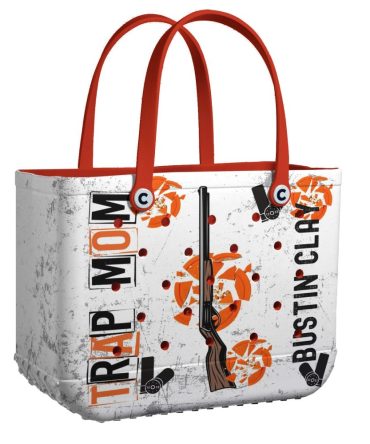 Trap Mom Tote Bag - Stylish Shotgun & Clay Pigeon Design With Durable Red Handles