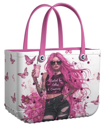 Trendy Pink Tote Bag - Coffee & Creativity Design, Butterfly Accents - Perfect For Stylish Outings