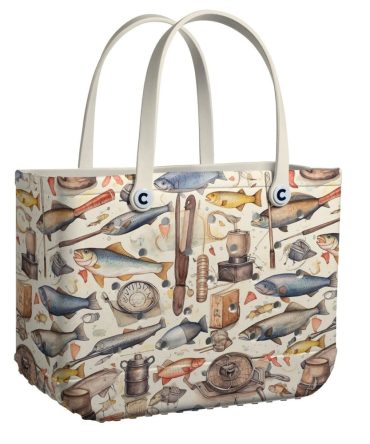 Vintage Fishing Print Tote Bag - Spacious, Durable & Stylish - Perfect For Beach, Groceries & Daily Use